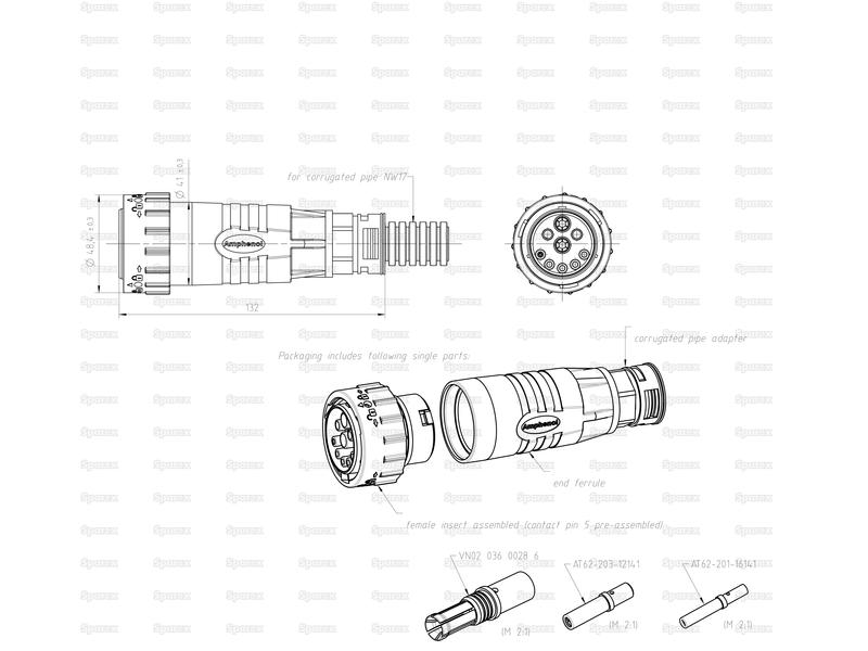 Ficha ISOBUS DuraMate™ 16mm² com adaptador de tubo canelado (S.165265)