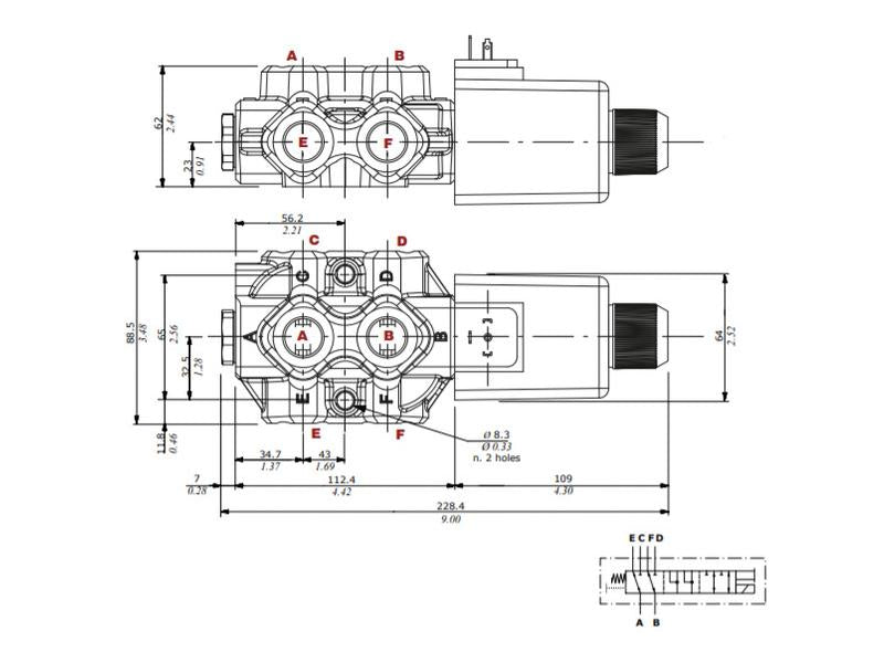 Walvoil Distribuidor elétrico 6 Portas 1/2'' BSP 12V (DC) (60 L/min Taxa de fluxo) (S.101676)