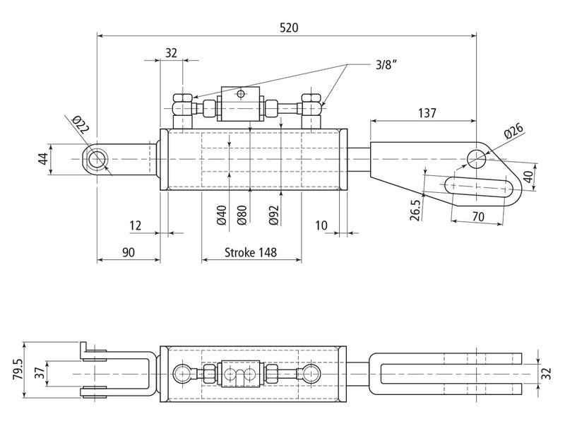 Braço Hidraulico (Fornecido com: Mangueiras) - Forquilha Furo Ø 22mm - Forquilha Furo Ø 26 & 27x97mm - Comprimento minimo: 520mm, Diametro interno Cilindro: 80mm. (S.113924)