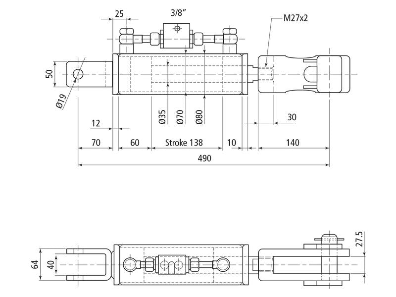 Braço Hidraulico (Fornecido com: Mangueiras) - Forquilha Furo Ø 19mm - Forquilha Furo Ø 22x48mm - Comprimento minimo: 490mm, Diametro interno Cilindro: 70mm. (S.113928)