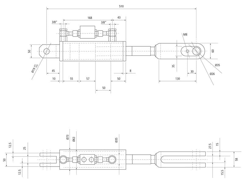 Braço Hidraulico (Fornecido com: Mangueiras) - Forquilha Furo Ø 19mm - Forquilha Furo Ø 26x60mm - Comprimento minimo: 510mm, Diametro interno Cilindro: 63mm. (S.113939)
