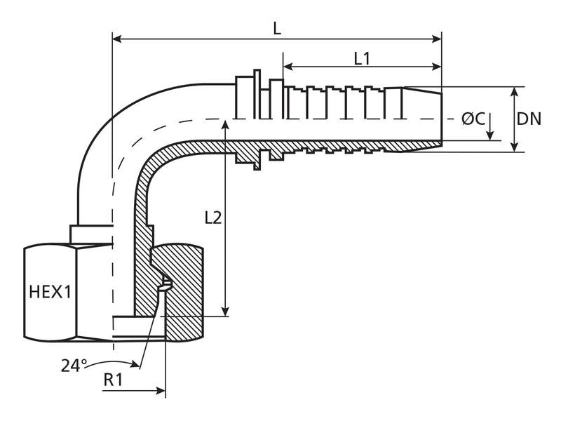 Dicsa Racord 24° 1/2'' x M24 x 1.5 Rosca fêmea 90° (S.116906)