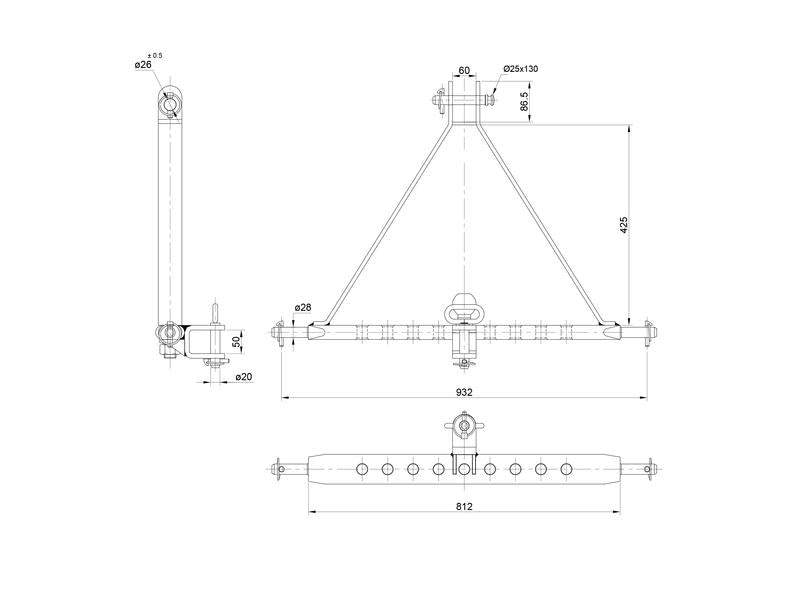 Estrutura de reboque de tres pontos (Cat. 2 (Ø28mm)) Núm. furos: 9, 932mm. (S.119469)
