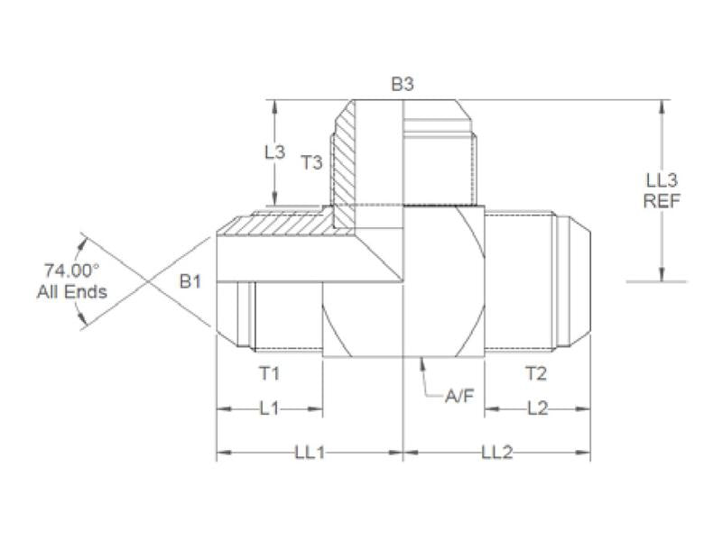 Peça hidráulica em T 9/16'' JIC Macho x 9/16'' JIC Macho x 9/16'' JIC Macho (S.12032)