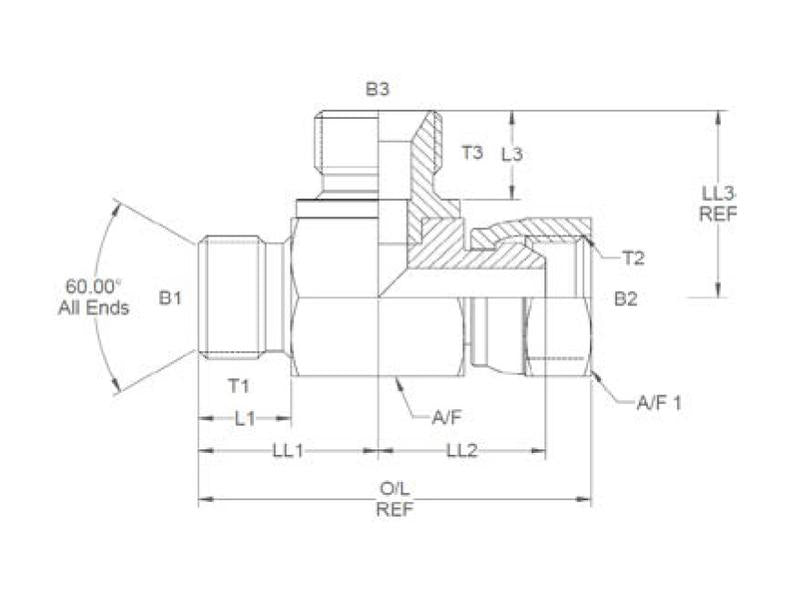 Peça hidráulica em T 1/2'' BSP Macho x 1/2'' BSP Fêmea giratória x 1/2'' BSP Macho (S.12037)