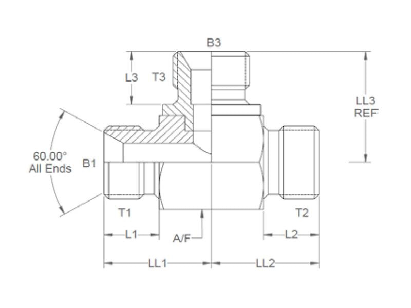 Peça hidráulica em T 5/8'' BSP Macho x 5/8'' BSP Macho x 5/8'' BSP Macho (S.14169)