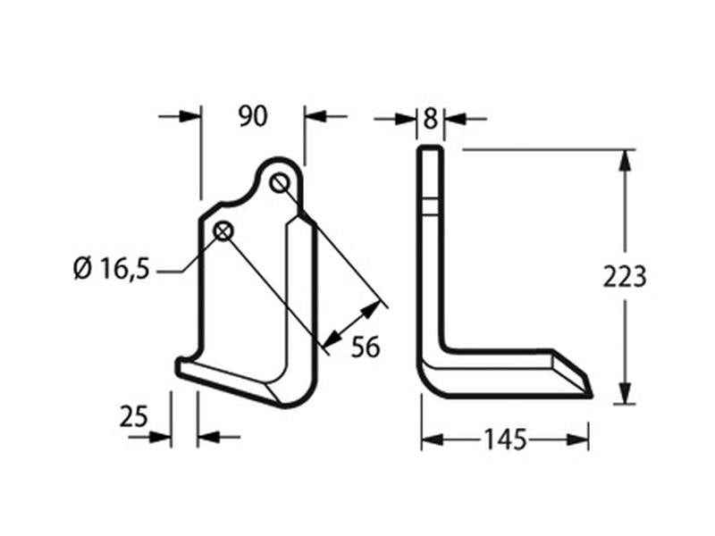 Faca Esq. 90x8mm Altura: 223mm. Centros de orifícios em: 56mm. Orifício Ø: 16.5mm. para Maschio, Valentini, Alpego Aplicavel em: Valentini (S.149227)