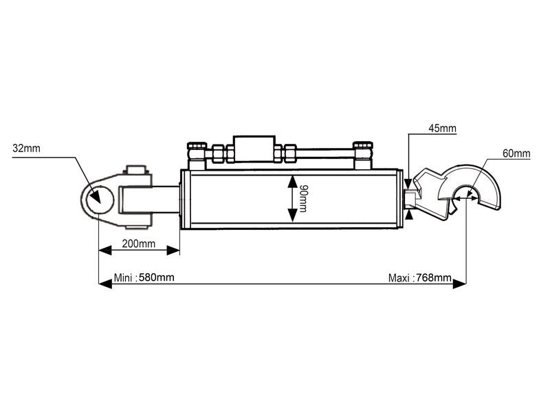3º Ponto Hidraulico (Cat.3/3 (Ø32/32mm)) Articulação e Q.R CBM Gancho, Diametro interno Cilindro: 90mm, Comprimento minimo : 580mm. (S.150076)