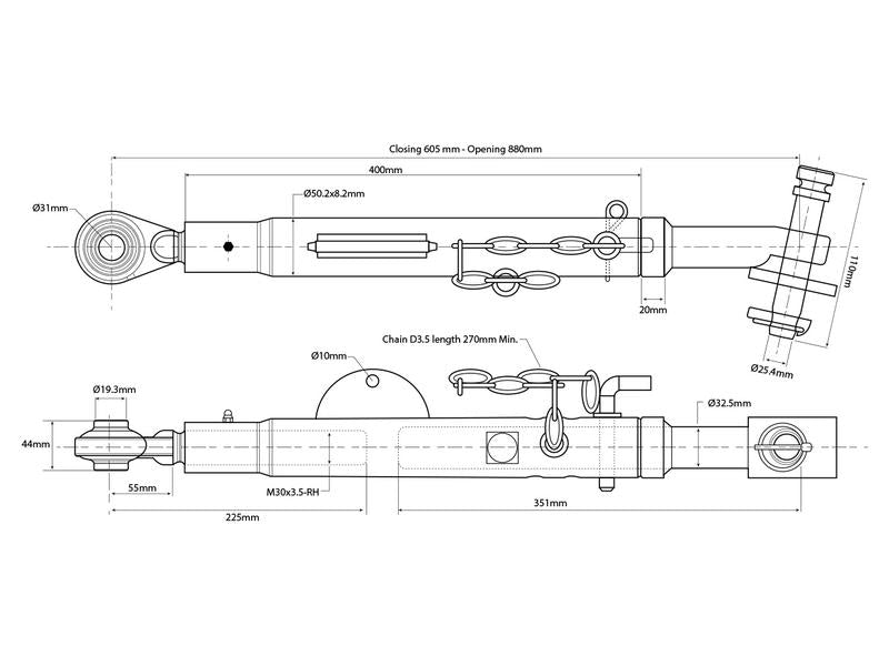 Estabilizador - Olhal Ø19mm - Cavilha Ø25.4mm - Comprimento minimo: 604mm - M30 x 3.50 (S.150417)