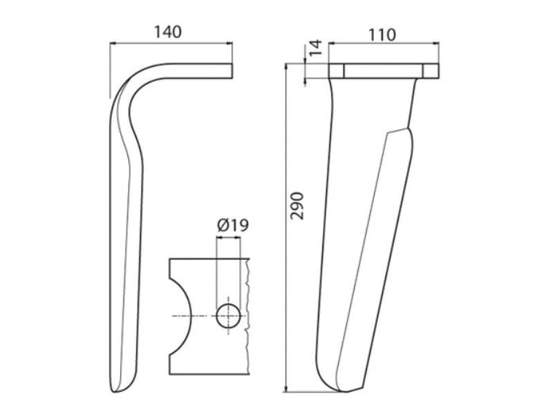 Bico 110x14x290mm Dt. Centros de orifícios em: Orifício Ø 19mm. para Kuhn. Aplicavel em: K2500081 (S.150849)