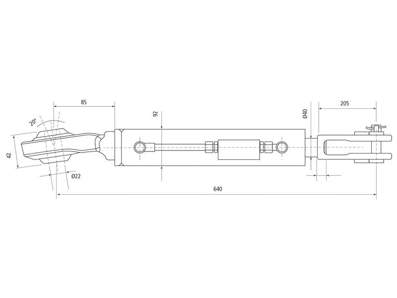 Braço Hidraulico (Fornecido com: Mangueiras) - Olhal-Angular Ø 22mm - Forquilha Furo Ø 29x60mm - Comprimento minimo: 640mm, Diametro interno Cilindro: 80mm. (S.153735)