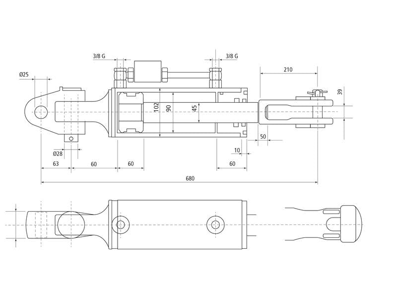 Braço Hidraulico (Fornecido com: Mangueiras) - Articulação Ø 25.5mm - Forquilha Furo Ø 29x60mm - Comprimento minimo: 680mm, Diametro interno Cilindro: 90mm. (S.153738)