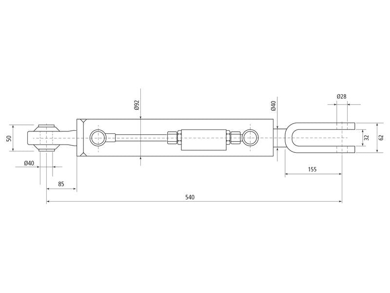 Braço Hidraulico (Fornecido com: Mangueiras) - Olhal Ø 40mm - Forquilha Furo Ø 28mm - Comprimento minimo: 540mm, Diametro interno Cilindro: 70mm. (S.155388)