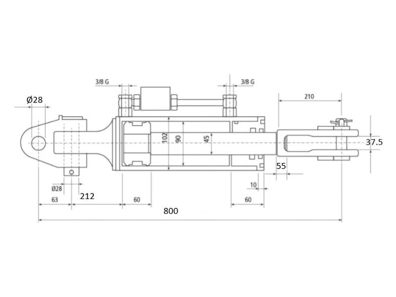 Braço Hidraulico (Fornecido com: Mangueiras) - Articulação Ø 28mm - Forquilha Furo Ø 29x60mm - Comprimento minimo: 800mm, Diametro interno Cilindro: 90mm. (S.166032)