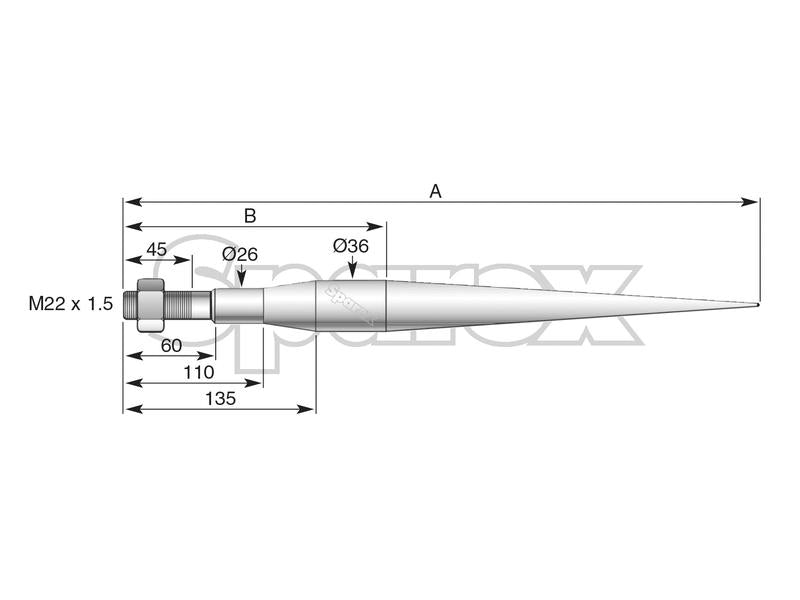 Bico - Direita 1100mm, Tamanho da rosca: M22 x 1.50 (Estrela) Aplicavel em: DBA035 (S.21503)