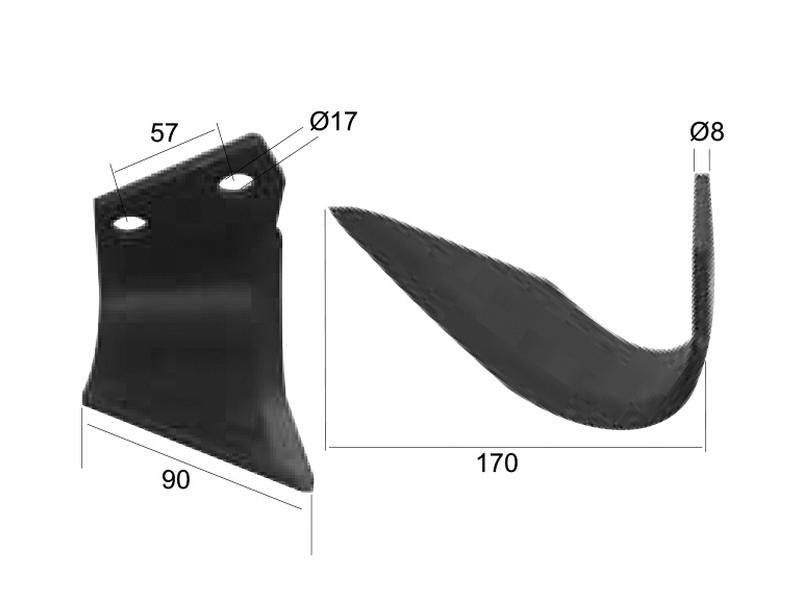 Faca Esq. 90x8mm Altura: 170mm. Centros de orifícios em: 57mm. Orifício Ø: 17mm. para Agram Aplicavel em: R6816 (S.21994)