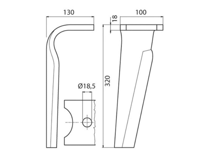 Bico 100x18x320mm Esq. Centros de orifícios em: Orifício Ø 18.5mm. para Kverneland. Aplicavel em: MA44000151 (S.22926)