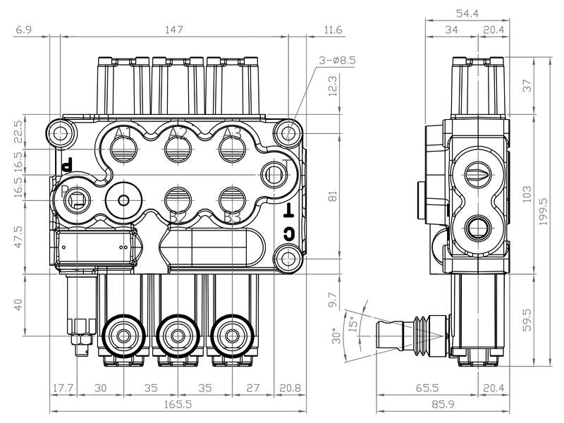 Sparex Valvula Monobloco 3/8'' BSP Portas 3 Via (45 L/min Taxa de fluxo) (S.24442)