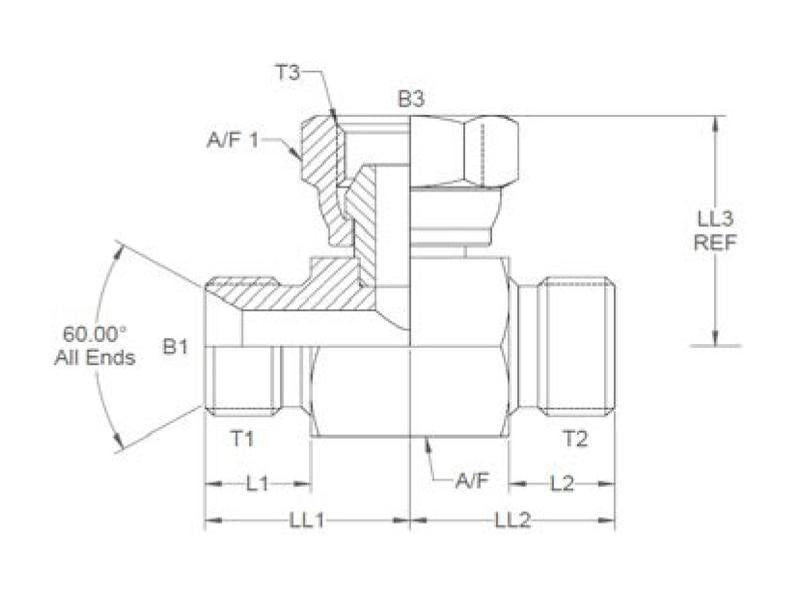 Peça hidráulica em T 3/8'' BSP Macho x 3/8'' BSP Macho x 3/8'' BSP Fêmea giratória (S.26519)