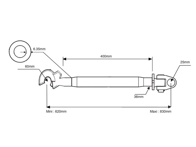 3º ponto (Cat.2/3 (Ø25/32mm)) Articulação e Gancho, M36 x 3.00, Comprimento minimo: 620mm. (S.29780)