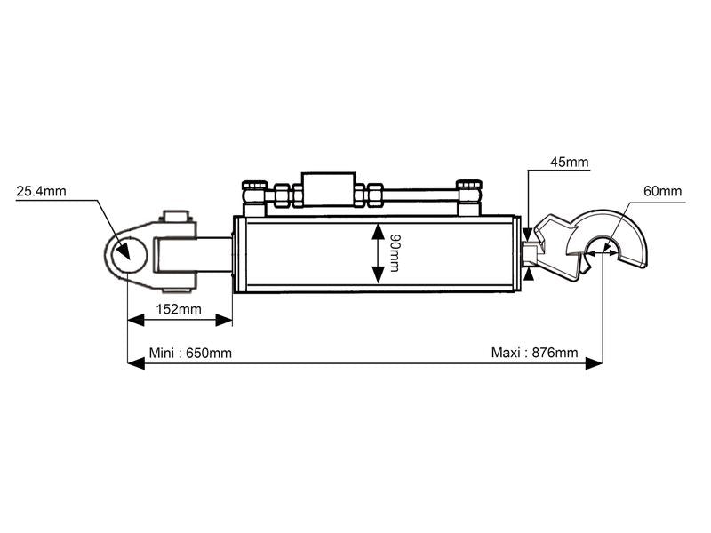 3º Ponto Hidraulico (Cat.2/3 (Ø25/32mm)) Articulação e Q.R CBM Gancho, Diametro interno Cilindro: 90mm, Comprimento minimo : 650mm. (S.331202)
