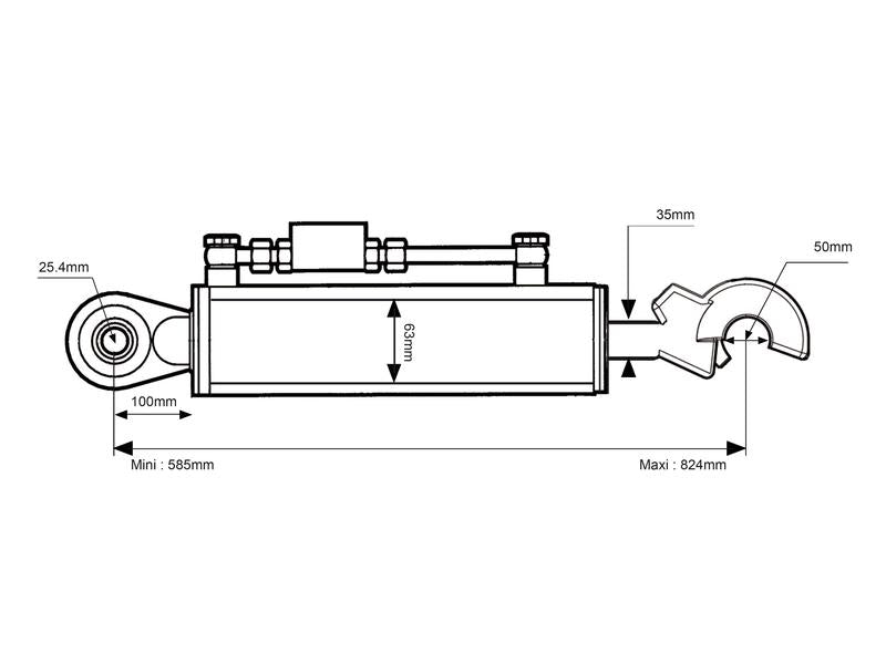 3º Ponto Hidraulico (Cat.2/2 (Ø25/25mm)) Olhal e Q.R CBM Gancho, Diametro interno Cilindro: 63mm, Comprimento minimo : 585mm. (S.331301)