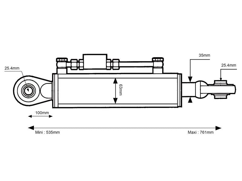 3º Ponto Hidraulico (Cat.2/2 (Ø25/25mm)) Olhal e Olhal, Diametro interno Cilindro: 63mm, Comprimento minimo : 535mm. (S.331481)