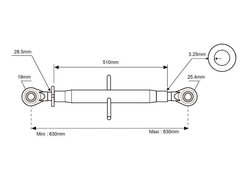 3º ponto (Cat.1/2 (Ø19/25mm)) Olhal and Olhal, 1-1/8, Comprimento minimo: 630mm. (S.3391)