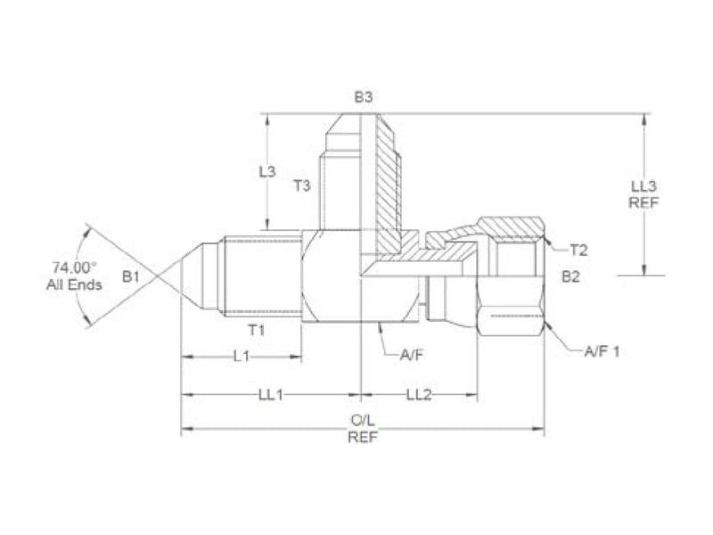Peça hidráulica em T 1-1/16'' JIC Macho x 1-1/16'' JIC Fêmea giratória x 1-1/16'' JIC Macho (S.35095)