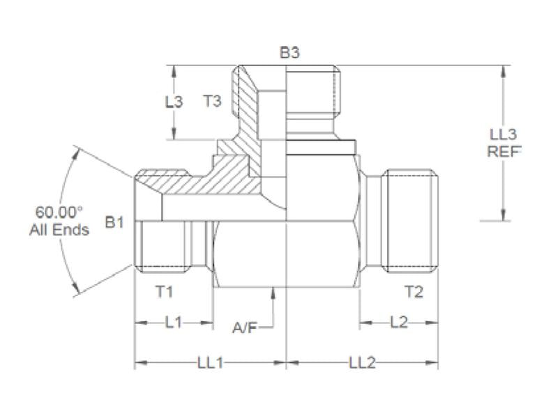 Peça hidráulica em T 1/2'' BSP Macho x 1/2'' BSP Macho x 3/8'' BSP Macho (S.4699)