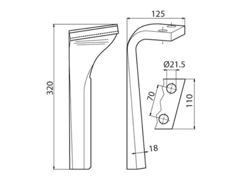Bico 110x18x320mm Dt. Centros de orifícios em: 70mm. Orifício Ø 21.5mm. para Lemken. Aplicavel em: 3377012 (S.59760)