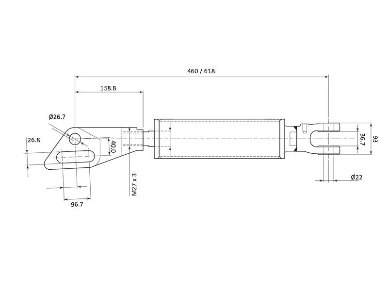 Braço - Forquilha Furo Ø 22mm- Forquilha Furo Ø 27 & 27x97mm - Comprimento minimo:457mm - M27 x 3.00 Métrico (S.68194)