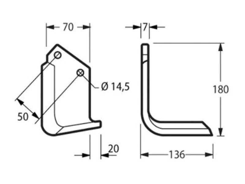 Faca Dt. 70x7mm Altura: 180mm. Centros de orifícios em: 50mm. Orifício Ø: 14.5mm. para Celli Aplicavel em: 331526 (S.72313)