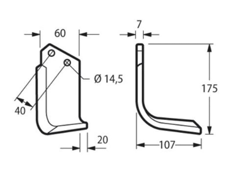 Faca Dt. 60x7mm Altura: 175mm. Centros de orifícios em: 40mm. Orifício Ø: 14.5mm. para Kverneland Aplicavel em: MA1302179 (S.72375)