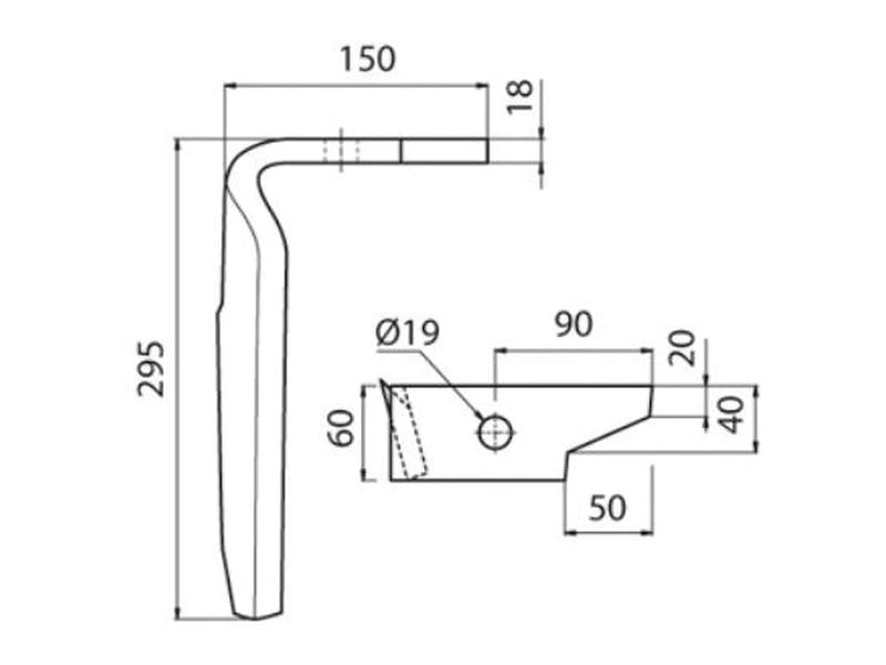 Faca para rototerra 60x18x295mm Dt.. Centros de orifícios emOrifício Ø 19mm. para Amazone. Aplicavel em: 954426SC (S.74780)