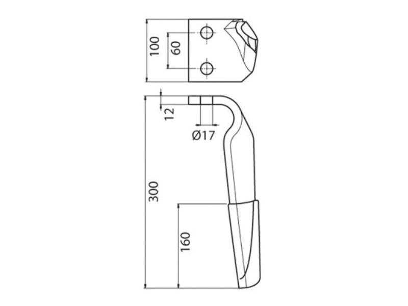 Faca para rototerra 100x12x305mm Esq.. Centros de orifícios em: 60mm. Orifício Ø 16.5mm. para Maschio. Aplicavel em: 36100210C (S.74787)