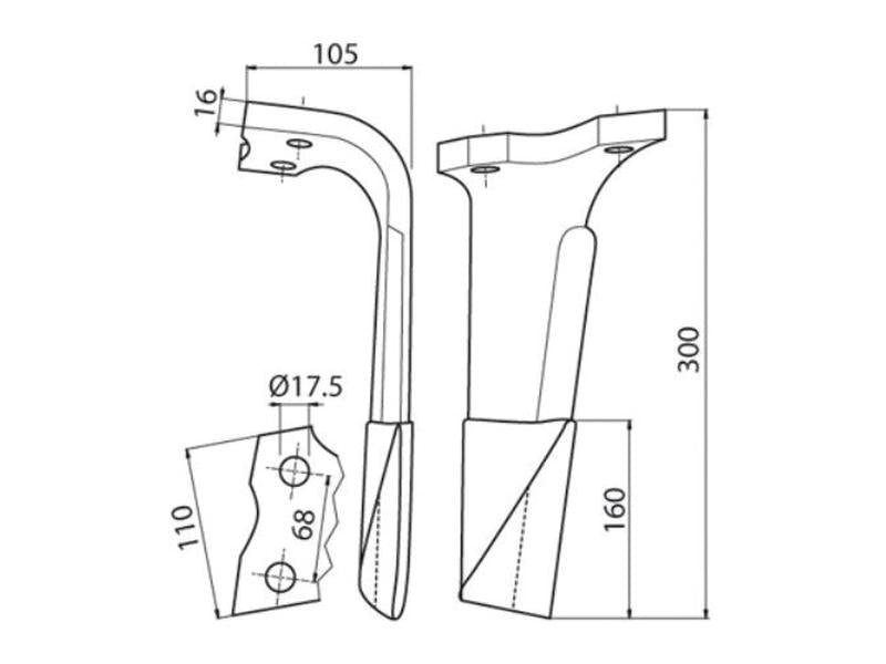Faca para rototerra 110x16x310mm Dt.. Centros de orifícios em: 68mm. Orifício Ø 17mm. para Kuhn. Aplicavel em: 52539400C (S.74788)