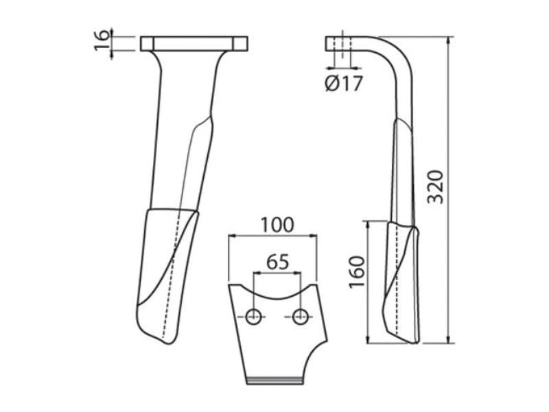 Faca para rototerra 100x16x320mm Dt.. Centros de orifícios em: 66mm. Orifício Ø 17.5mm. para Perugini (Concept-Ransome), Rabewerk. Aplicavel em: KG30RC (S.74792)