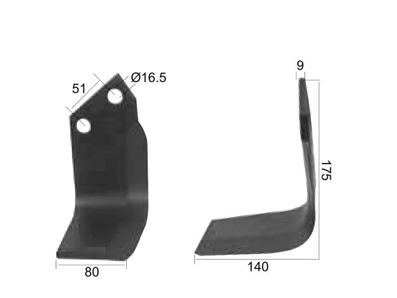 Faca Esq. 80x9mm Altura: 175mm. Centros de orifícios em: 51mm. Orifício Ø: 16.5mm. para Dowdeswell, Howard Aplicavel em: 9862 (S.77230)