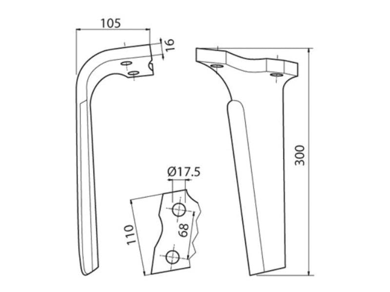 Bico 110x16x300mm Esq. Centros de orifícios em: 68mm. Orifício Ø 17.5mm. para Kuhn. Aplicavel em: 52560500 (S.77258)