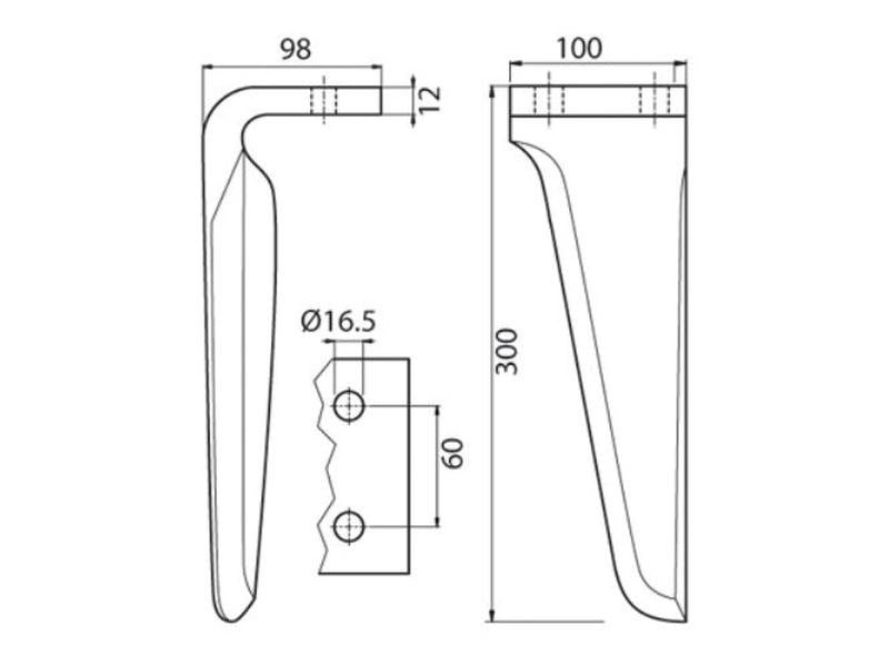 Bico 100x12x305mm Esq. Centros de orifícios em: 60mm. Orifício Ø 17mm. para Maschio. Aplicavel em: 36100211 (S.77282)