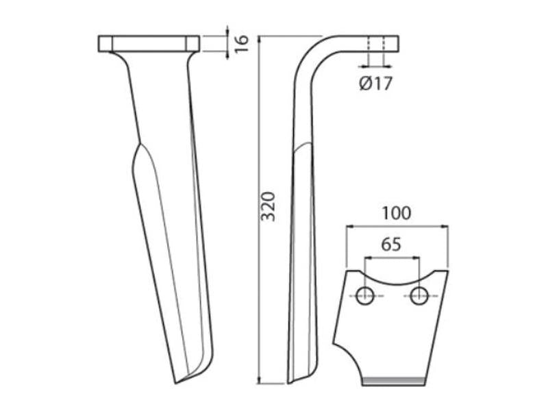 Bico 100x16x320mm Esq. Centros de orifícios em: 66mm. Orifício Ø 17.5mm. para Perugini (Concept-Ransome), Rabewerk. Aplicavel em: 8404-5002 (S.77309)