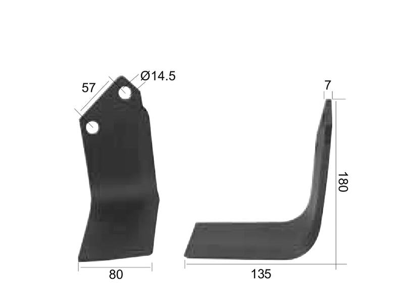 Faca Esq. 80x7mm Altura: 180mm. Centros de orifícios em: 57mm. Orifício Ø: 14.5mm. para Celli Aplicavel em: 422513 (S.77352)