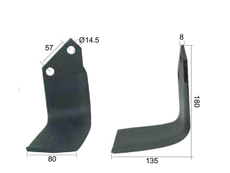 Faca Esq. 80x8mm Altura: 180mm. Centros de orifícios em: 57mm. Orifício Ø: 14.5mm. para Celli Aplicavel em: 722534 (S.77358)