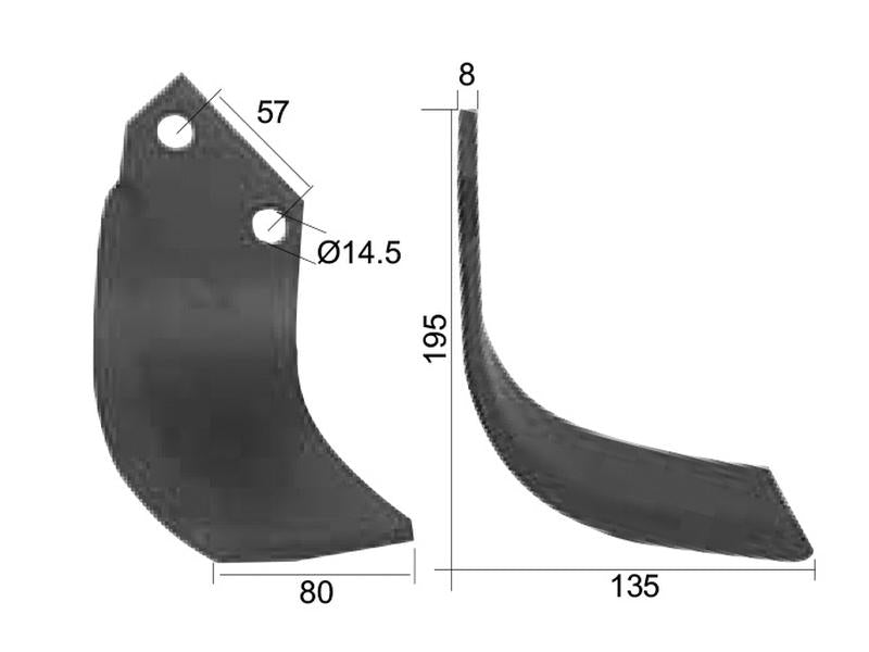 Faca Dt. 80x8mm Altura: 195mm. Centros de orifícios em: 57mm. Orifício Ø: 14.5mm. para Celli Aplicavel em: 722537 (S.77359)