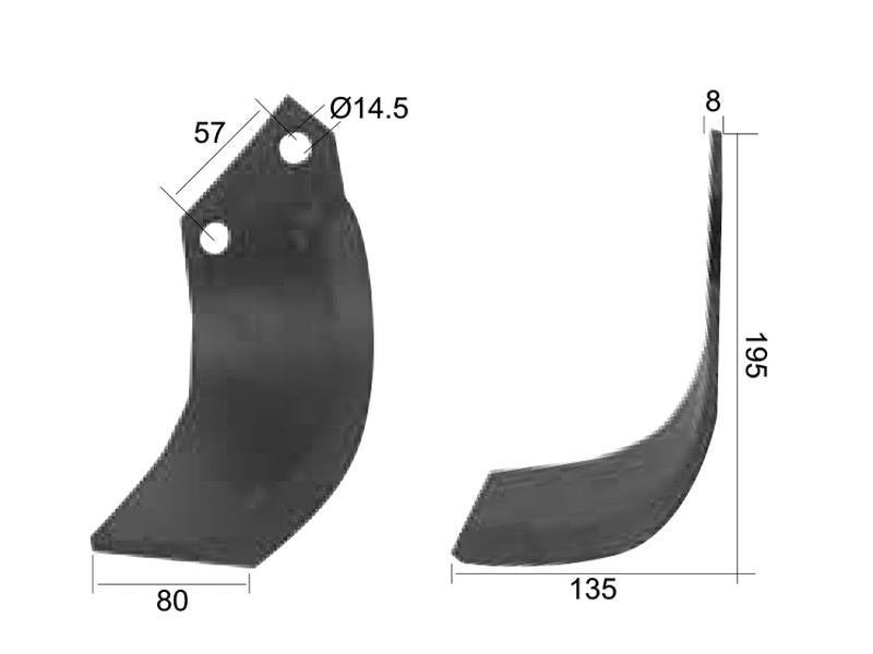 Faca Esq. 80x8mm Altura: 195mm. Centros de orifícios em: 57mm. Orifício Ø: 14.5mm. para Celli Aplicavel em: 722538 (S.77360)