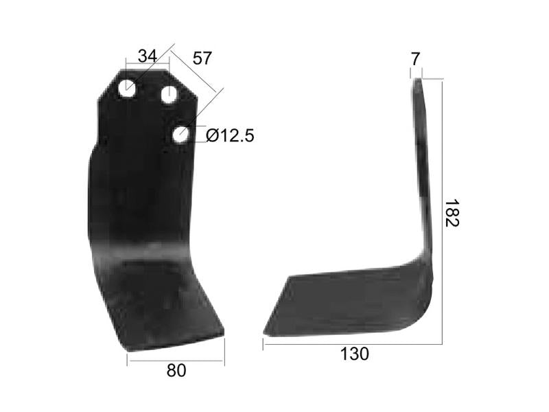 Faca Dt. 80x7mm Altura: 182mm. Centros de orifícios em: 34/57mm. Orifício Ø: 12.5mm. para Carraro Aplicavel em: 98715 (S.77456)