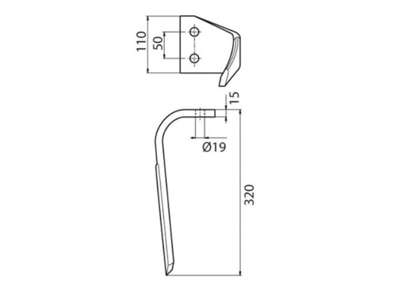 Bico 110x15x330mm Esq. Centros de orifícios em: 50mm. Orifício Ø 19mm. para Kverneland, Maletti. Aplicavel em: E040146 (S.77532)