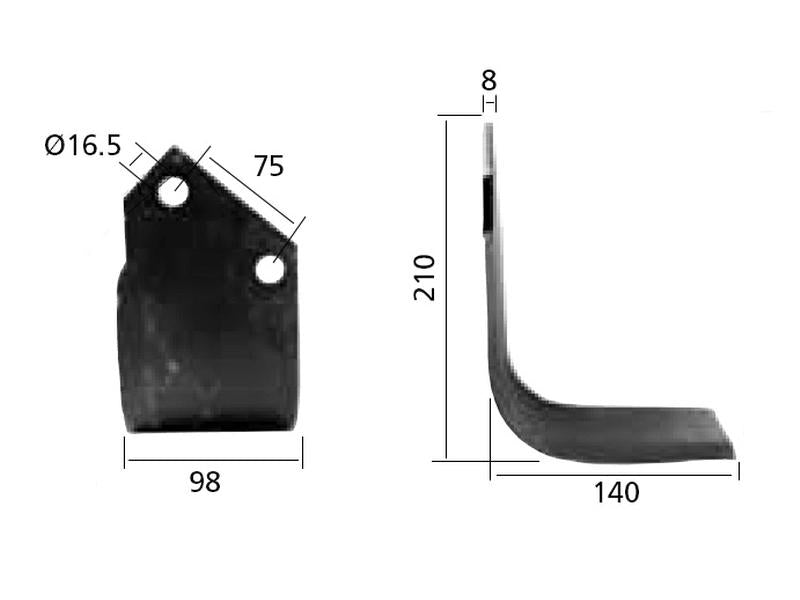 Faca Esq. 98x8mm Altura: 210mm. Centros de orifícios em: 75mm. Orifício Ø: 16.5mm. para Kuhn, Dowdeswell, Howard Aplicavel em: 52359100 (S.77549)