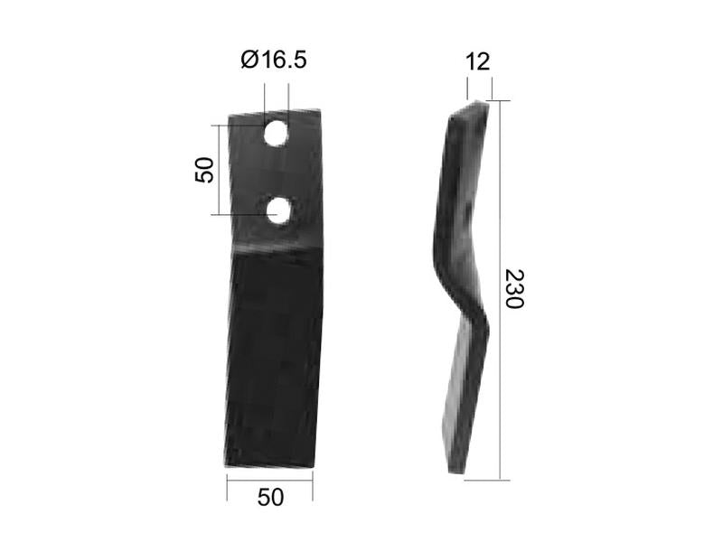 Faca Dt. 50x12mm Altura: 230mm. Centros de orifícios em: 50mm. Orifício Ø: 16.5mm. para Howard Aplicavel em: 653257 (S.77552)